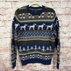 J. Crew Men 100% Wool Crewneck Sweater Fair Isle Labrador Dogs Trees Blue Medium